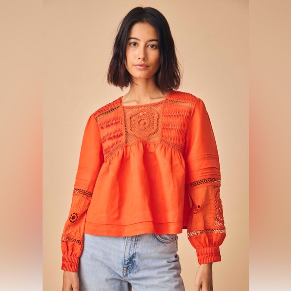 HUNTER BELL Tops - HUNTER BELL Orange Eyelet Lace Peasant Blouse